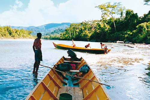 Parkwchter mit Motorboot am Fluss Iscozacn im Nationalpark Yanachaga-Chemillen